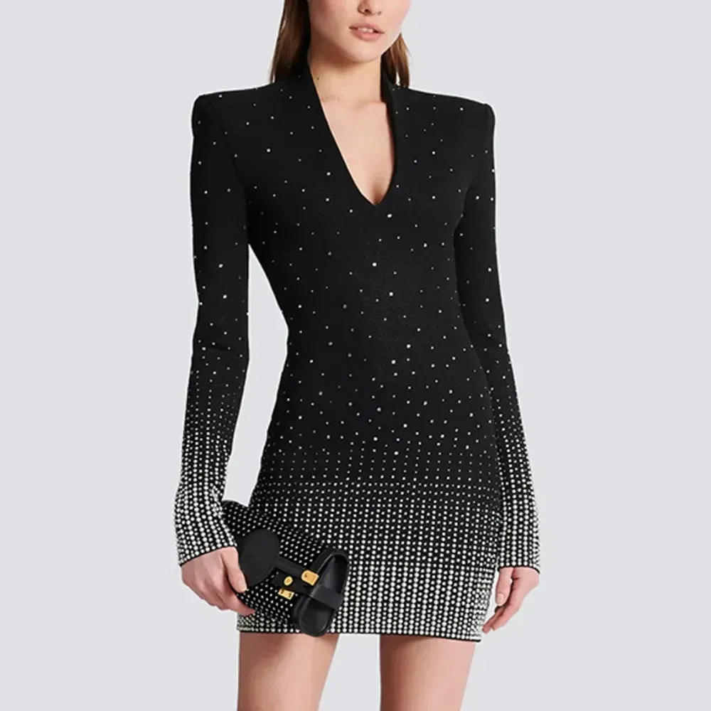 Women's Gradient Hot Diamond V-neck Long Sleeve Mini Bodycon Dress