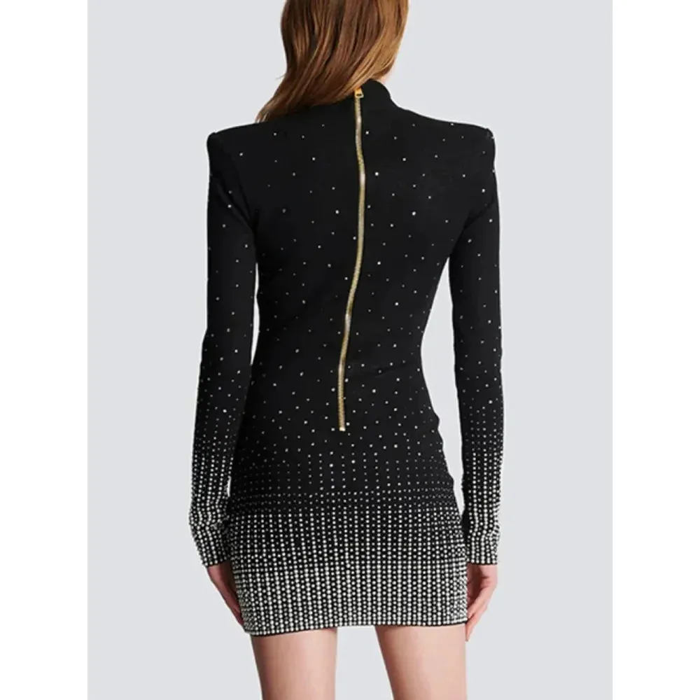 Women's Gradient Hot Diamond V-neck Long Sleeve Mini Bodycon Dress