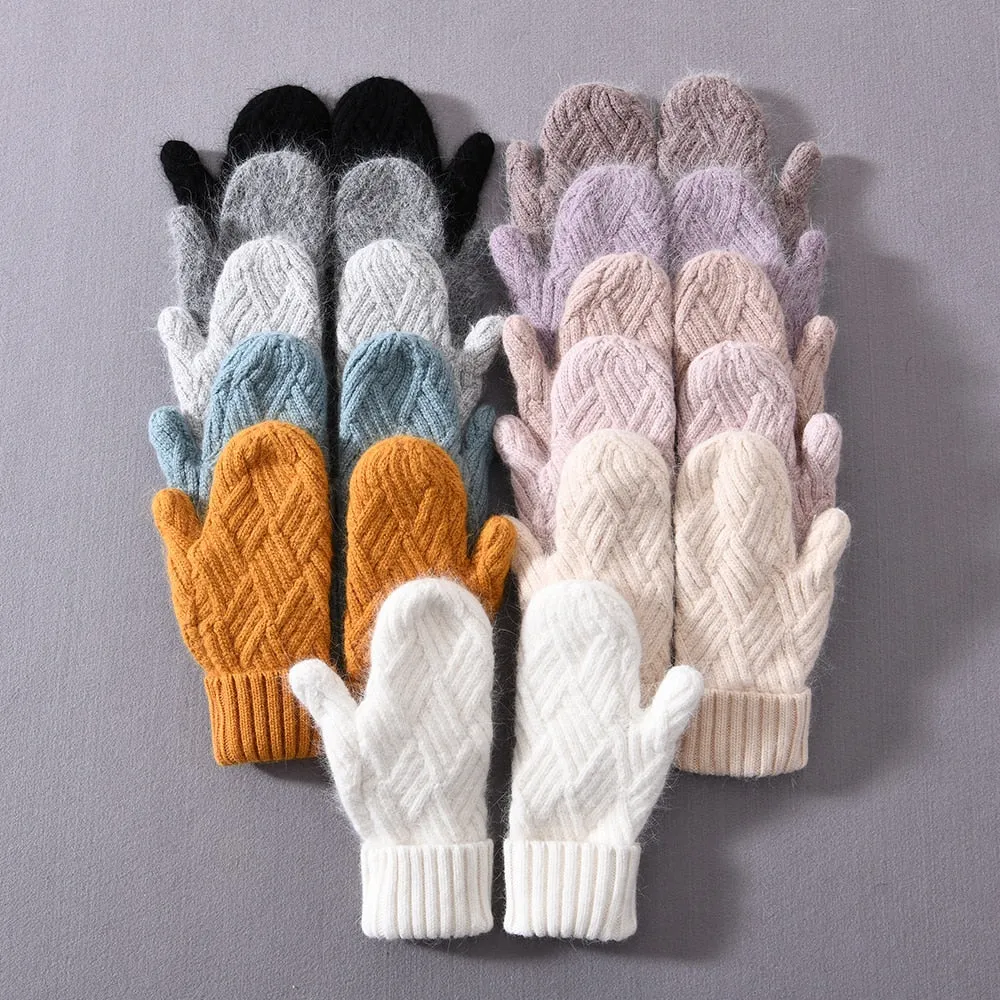 Women's Winter Warm Wool Cashmere Plush Knitted Full Finger Gloves Mittens