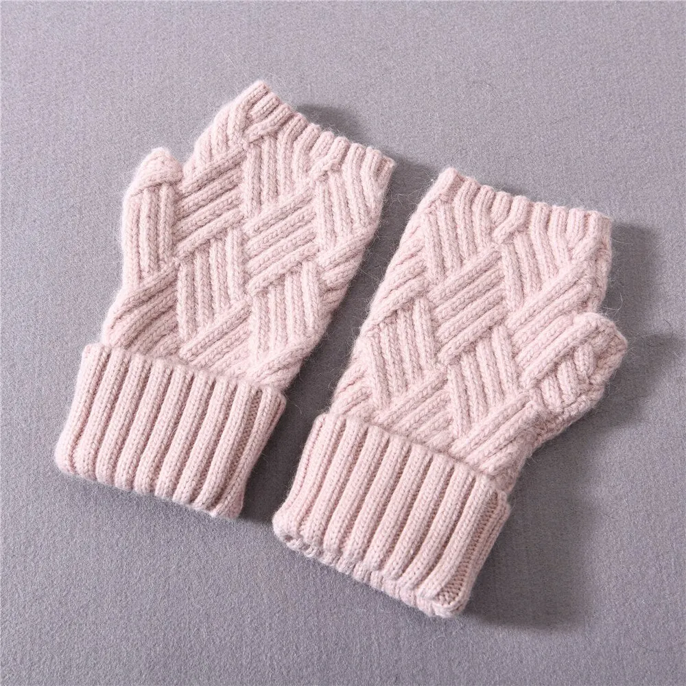 Women's Winter Warm Wool Cashmere Plush Knitted Full Finger Gloves Mittens