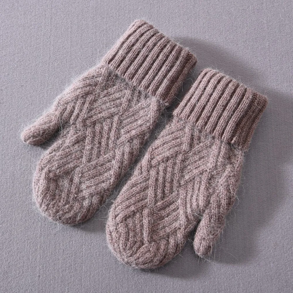 Women's Winter Warm Wool Cashmere Plush Knitted Full Finger Gloves Mittens