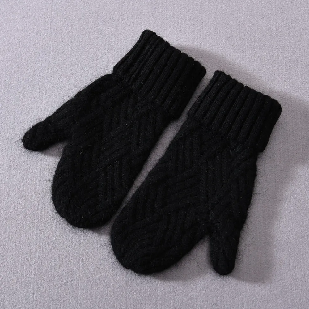 Women's Winter Warm Wool Cashmere Plush Knitted Full Finger Gloves Mittens