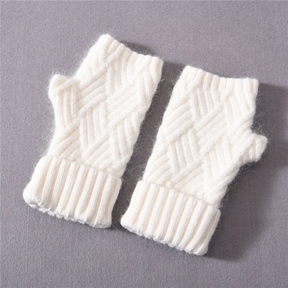 Women's Winter Warm Wool Cashmere Plush Knitted Full Finger Gloves Mittens