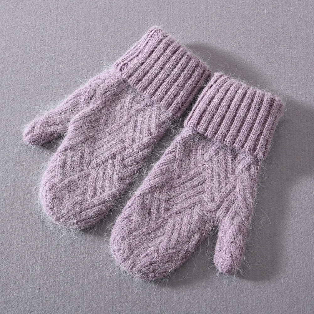 Women's Winter Warm Wool Cashmere Plush Knitted Full Finger Gloves Mittens