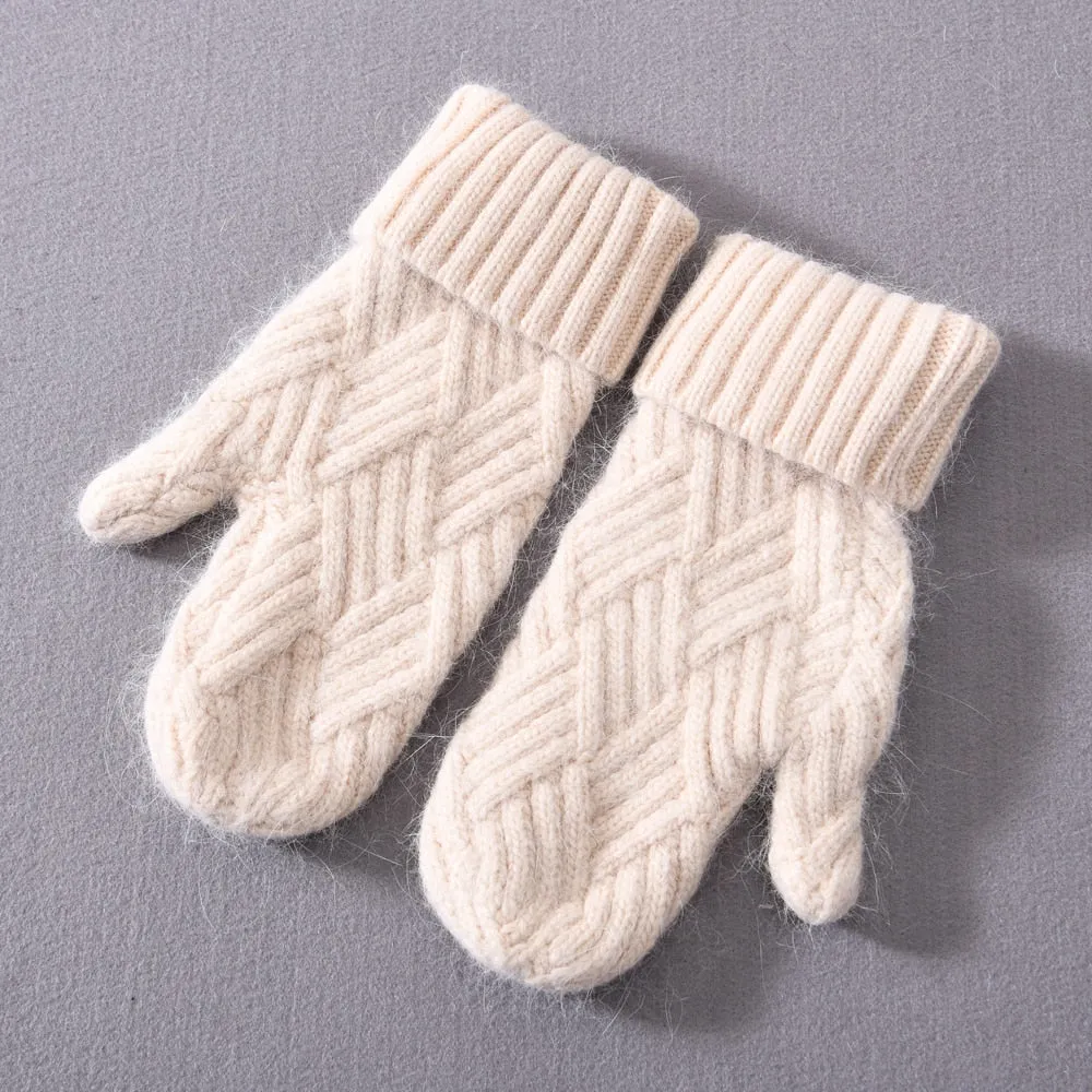 Women's Winter Warm Wool Cashmere Plush Knitted Full Finger Gloves Mittens