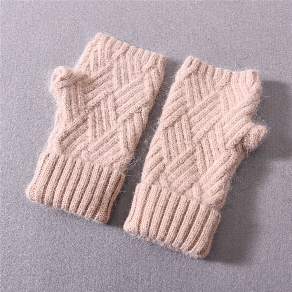 Women's Winter Warm Wool Cashmere Plush Knitted Full Finger Gloves Mittens