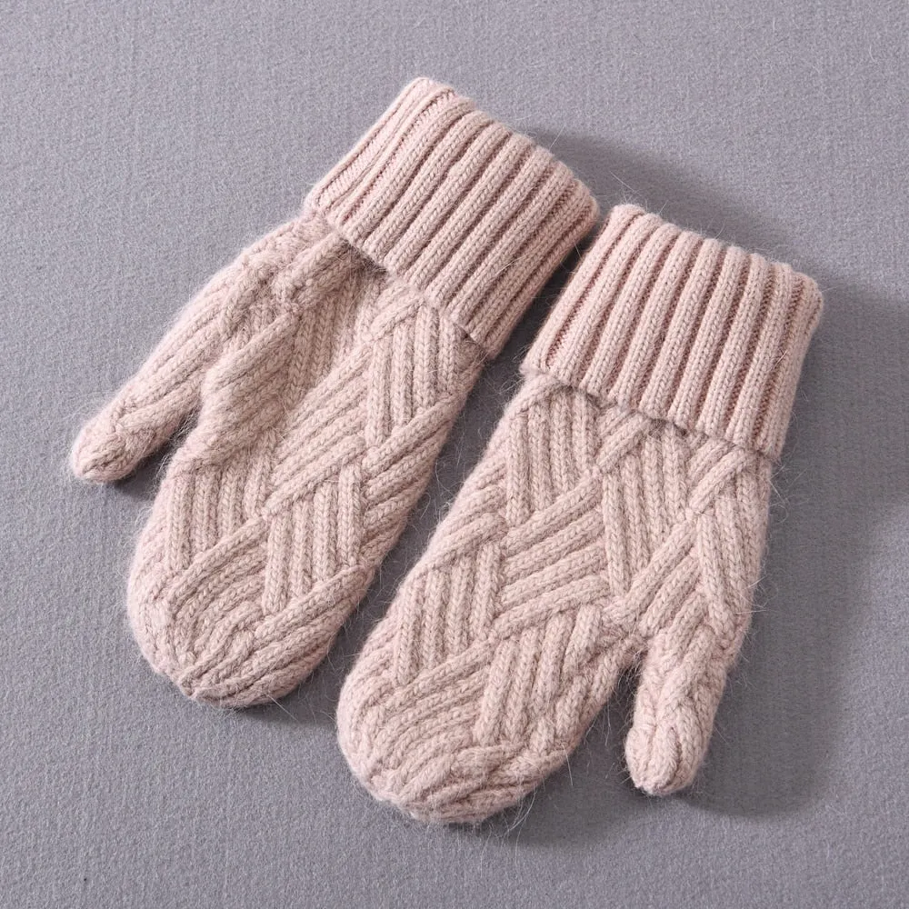 Women's Winter Warm Wool Cashmere Plush Knitted Full Finger Gloves Mittens