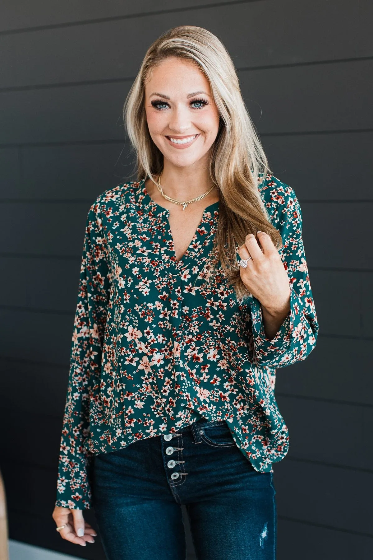 Won My Heart Floral Blouse- Hunter Green